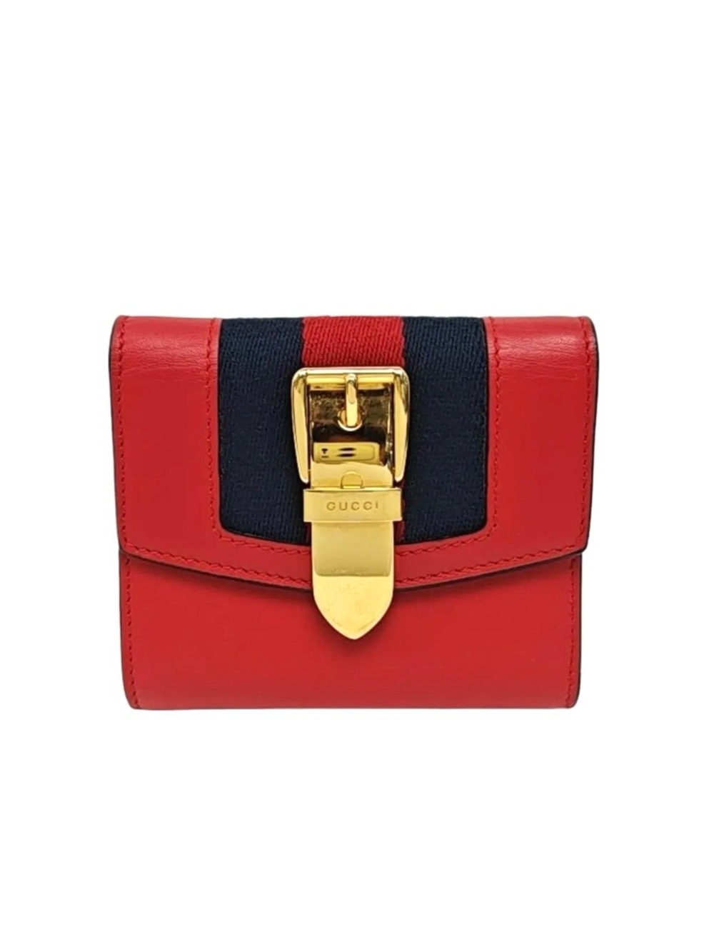 Authentic GUCCI Sylvie Web Accent Compact Leather Trifold Wallet Gold EUC